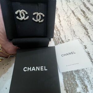 CHANEL Twisted Silver Logo Earrings